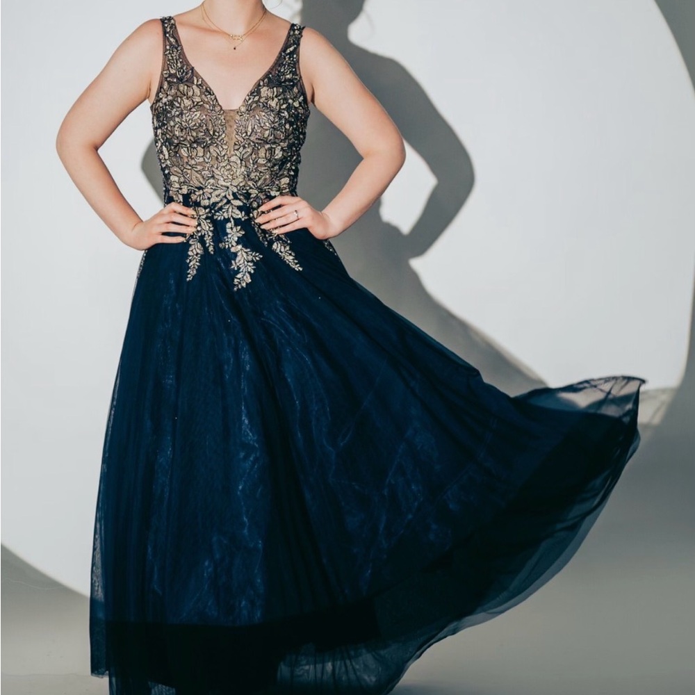 Navy Silver Gold prom dress size 8